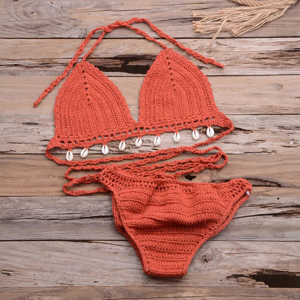 Hand-woven hollow shell bikini top in various colors for outdoor wear