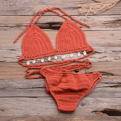 Hand-woven hollow shell bikini top in various colors for outdoor wear