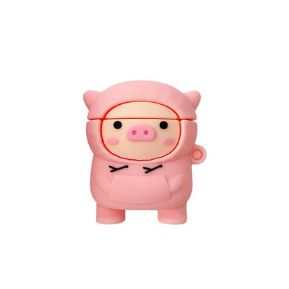 Pink silicone pig earphone case with flip lid and carabiner hook for Apple AirPods.