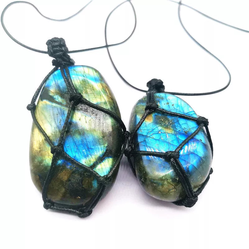 Hand-woven labradorite net bag pendant featuring natural moonstone, approximately 3.5 to 5.5 cm