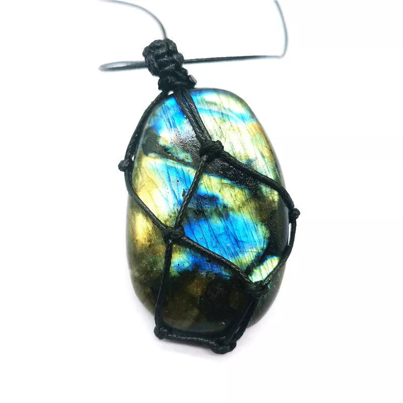 Hand-woven labradorite net bag pendant featuring natural moonstone, approximately 3.5 to 5.5 cm