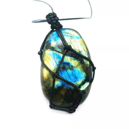 Hand-woven labradorite net bag pendant featuring natural moonstone, approximately 3.5 to 5.5 cm
