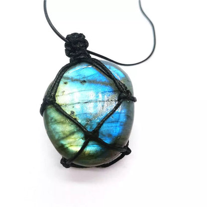 Hand-woven labradorite net bag pendant featuring natural moonstone, approximately 3.5 to 5.5 cm