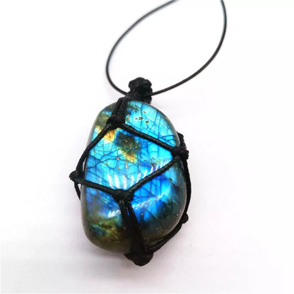 Hand-woven labradorite net bag pendant featuring natural moonstone, approximately 3.5 to 5.5 cm