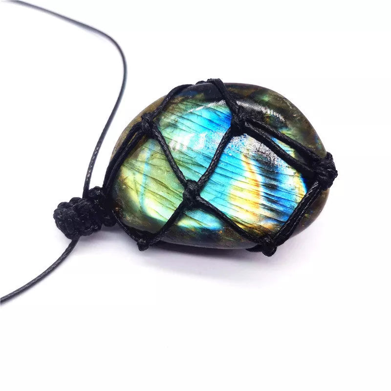 Hand-woven labradorite net bag pendant featuring natural moonstone, approximately 3.5 to 5.5 cm