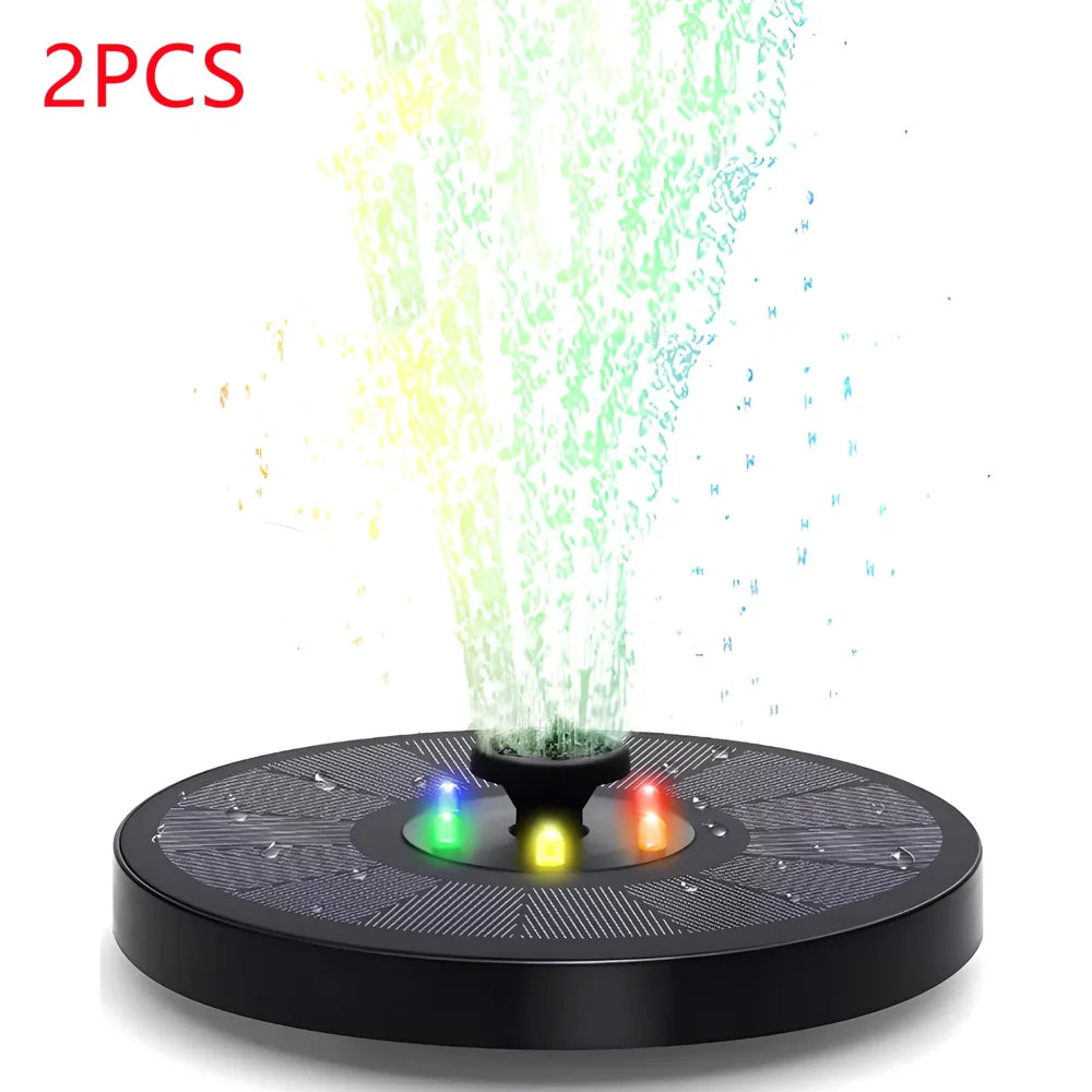 Solar fountain pump with LED lighting showing water flow and engineering plastic housing