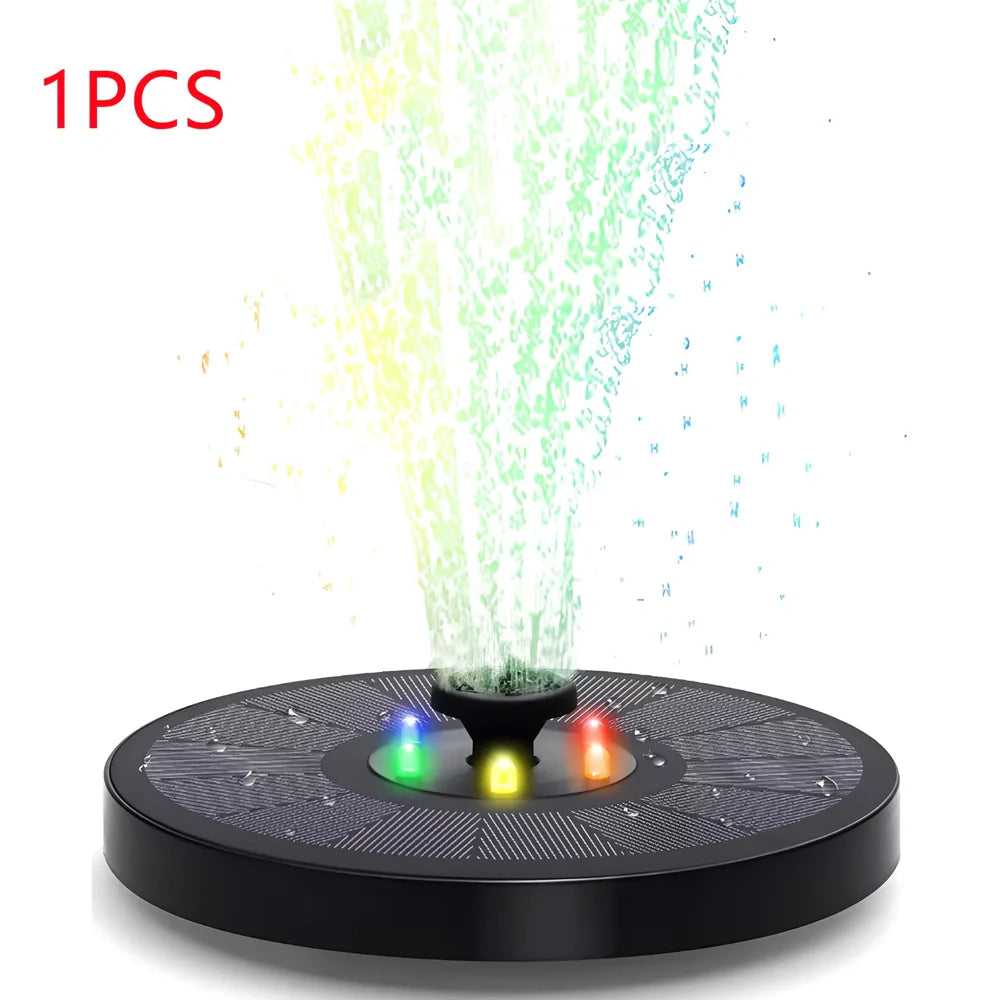 Solar fountain pump with LED lighting showing water flow and engineering plastic housing