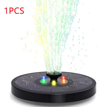 Solar fountain pump with LED lighting showing water flow and engineering plastic housing