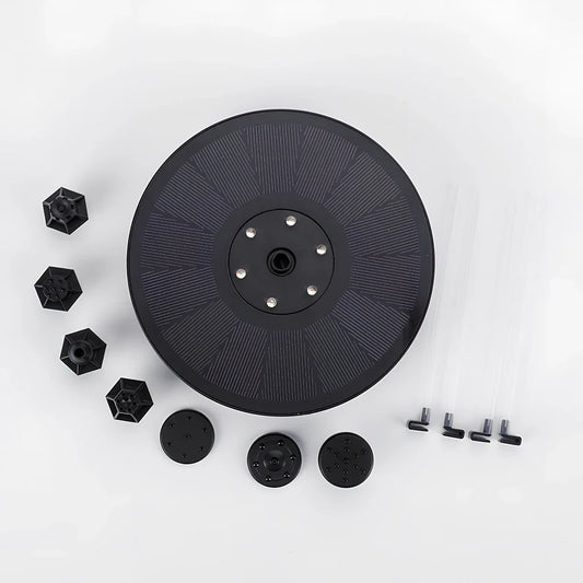 Solar fountain pump with LED lighting showing water flow and engineering plastic housing