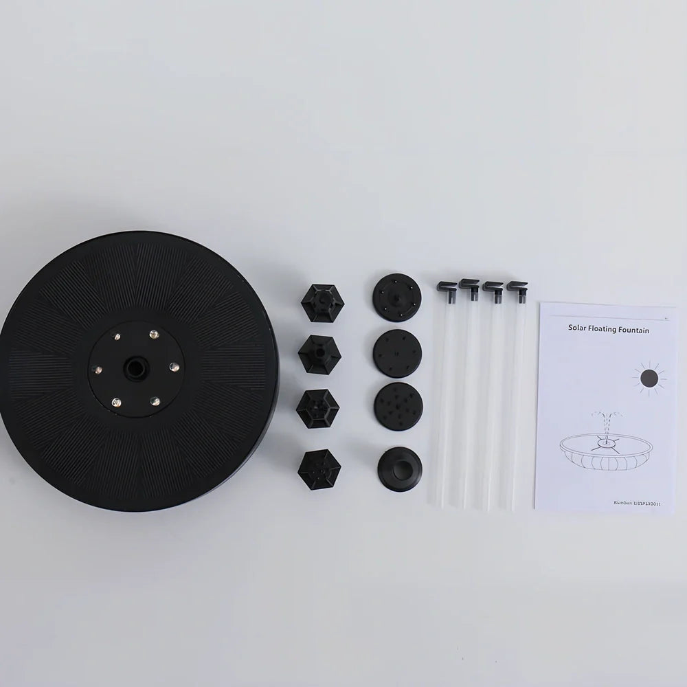 Solar fountain pump with LED lighting showing water flow and engineering plastic housing