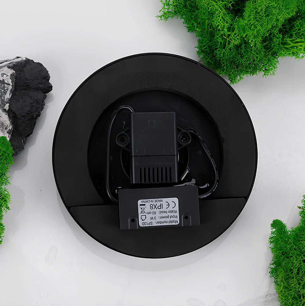 Solar fountain pump with LED lighting showing water flow and engineering plastic housing