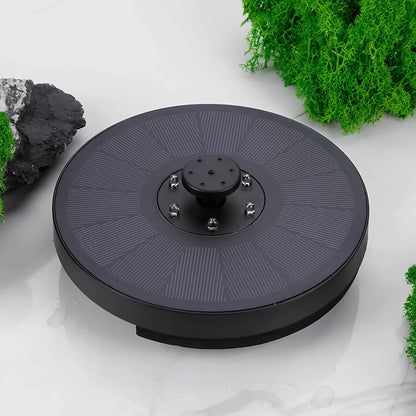 Solar fountain pump with LED lighting showing water flow and engineering plastic housing