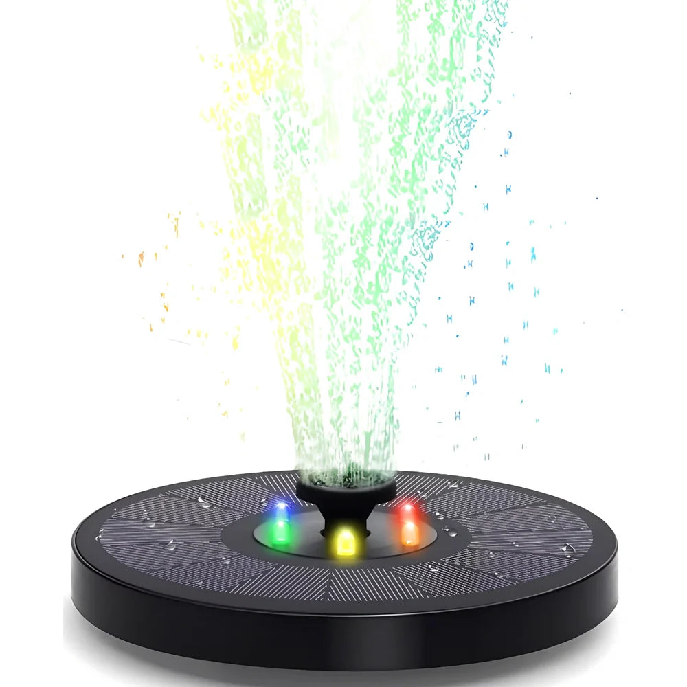 Solar fountain pump with LED lighting showing water flow and engineering plastic housing