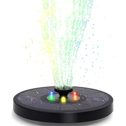 Solar fountain pump with LED lighting showing water flow and engineering plastic housing