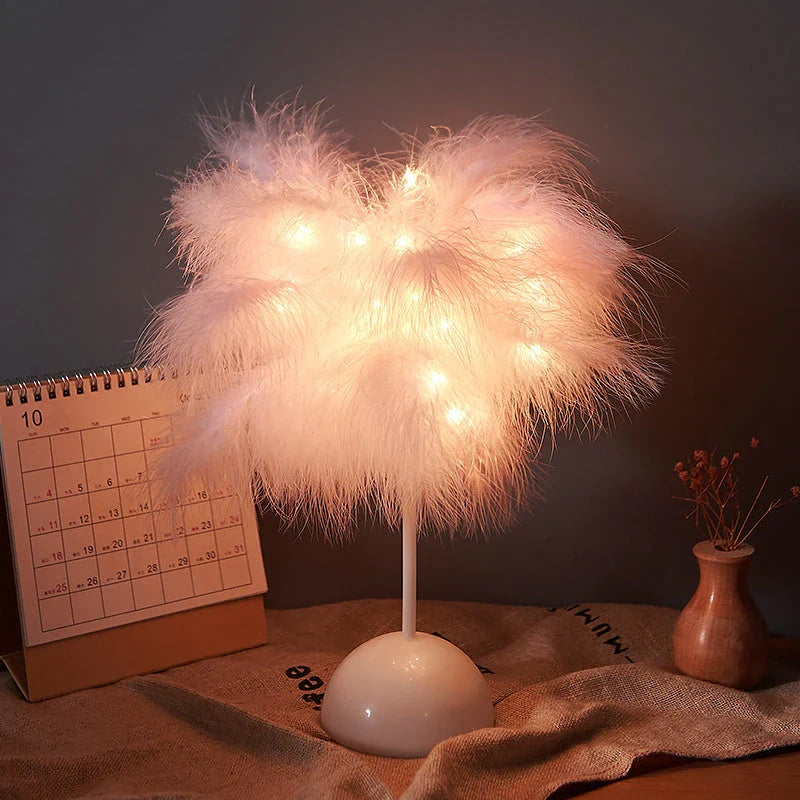 Chic Feather Lamp with soft, glowing light and fluffy feather design for elegant tabletop decor