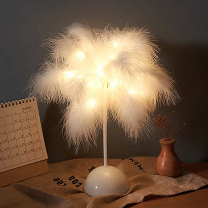 Chic Feather Lamp with soft, glowing light and fluffy feather design for elegant tabletop decor