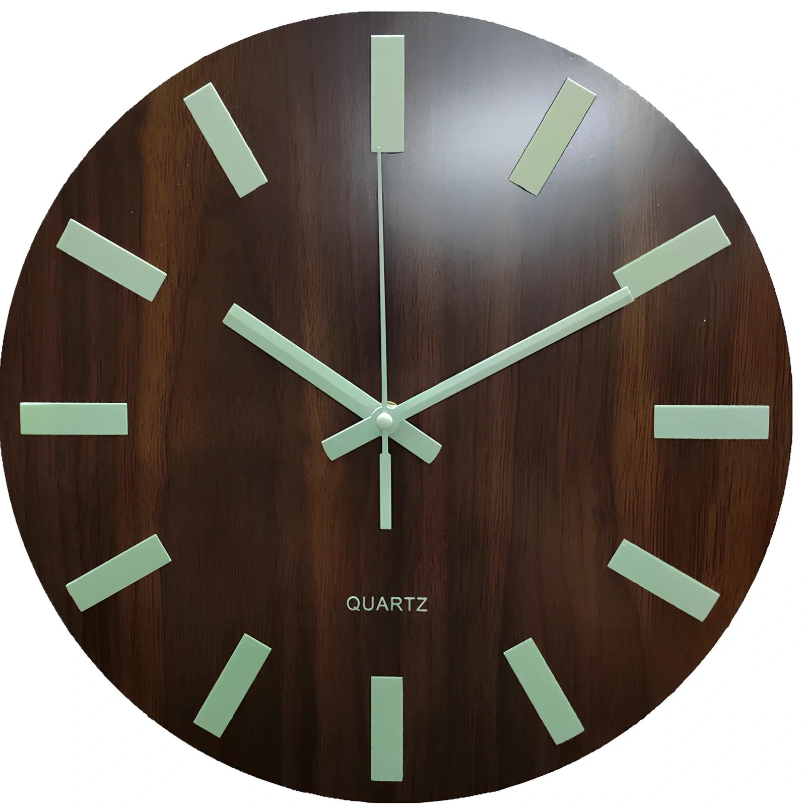 Round wood grain luminous wall clock with glowing numbers in dark room setting