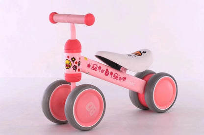 A stylish no-pedal balance bike with three wheels, vibrant colors, and optional light-up and music features for kids