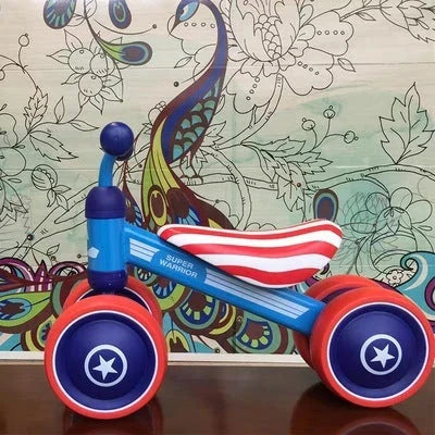 A stylish no-pedal balance bike with three wheels, vibrant colors, and optional light-up and music features for kids