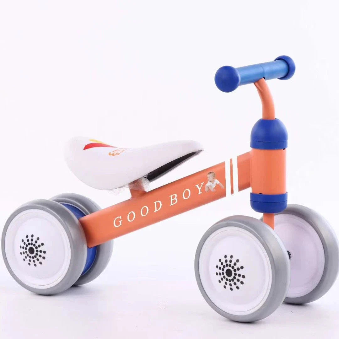 A stylish no-pedal balance bike with three wheels, vibrant colors, and optional light-up and music features for kids