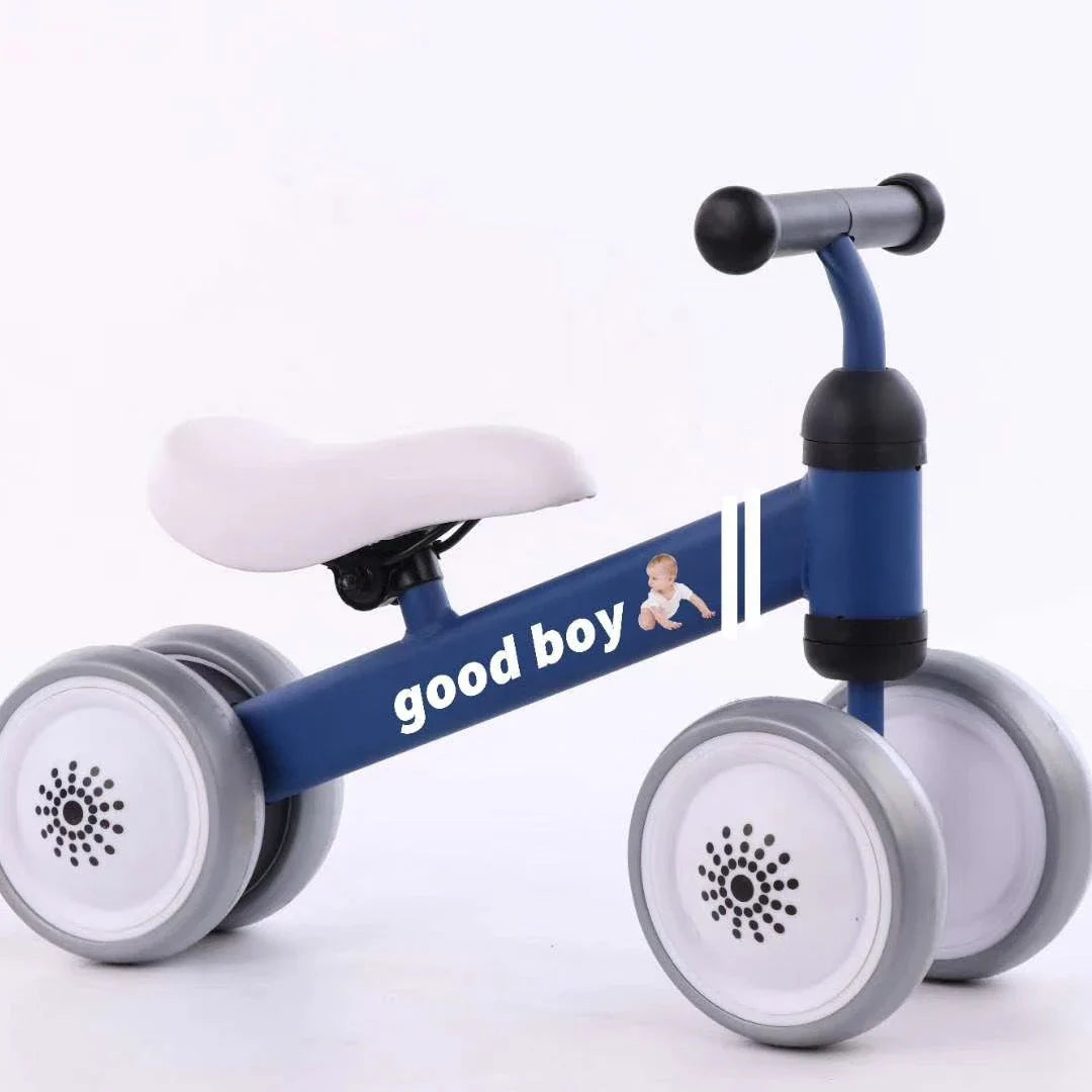 A stylish no-pedal balance bike with three wheels, vibrant colors, and optional light-up and music features for kids