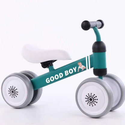 A stylish no-pedal balance bike with three wheels, vibrant colors, and optional light-up and music features for kids