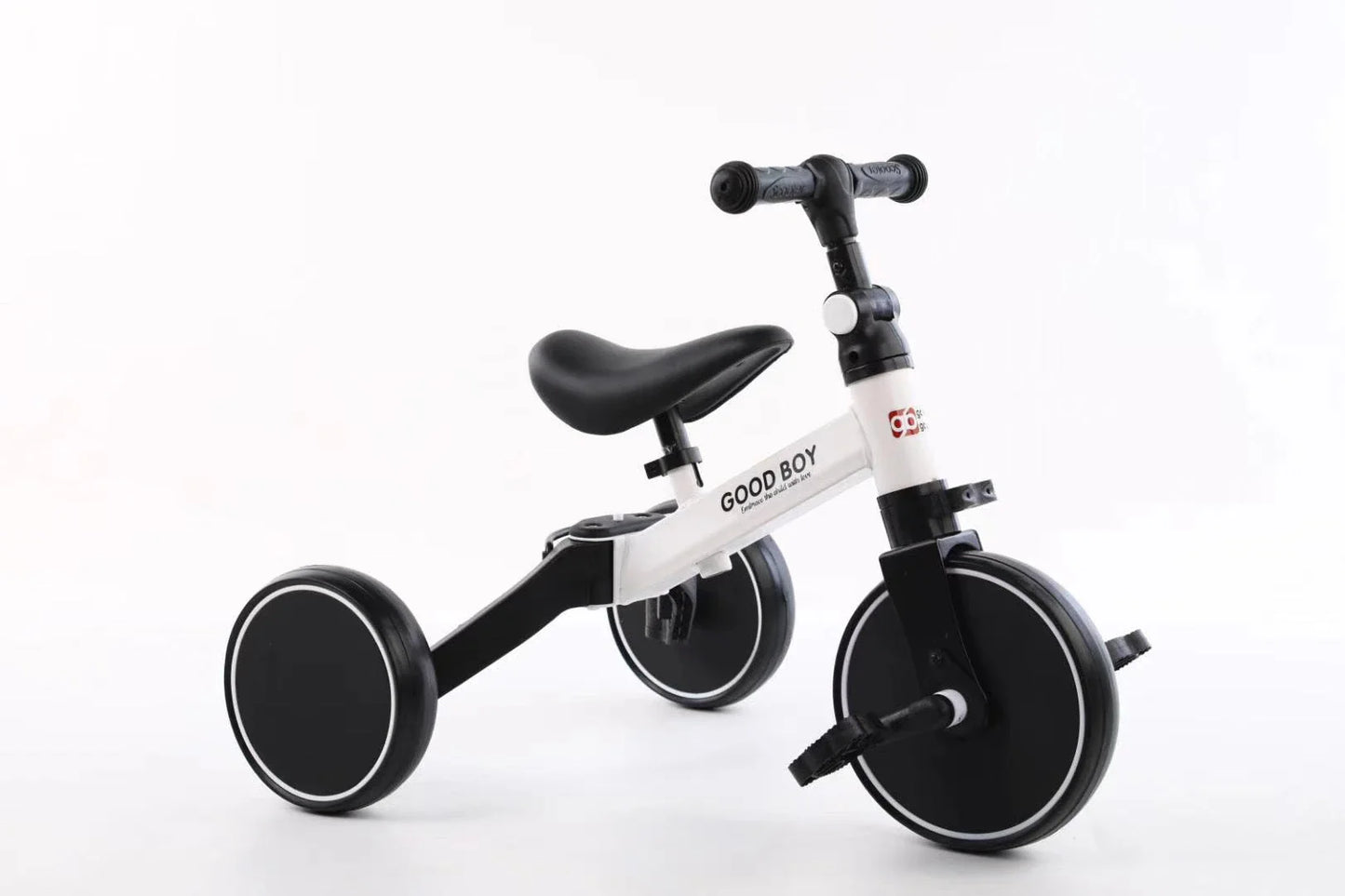 A stylish no-pedal balance bike with three wheels, vibrant colors, and optional light-up and music features for kids