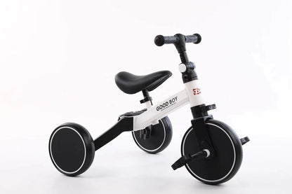 A stylish no-pedal balance bike with three wheels, vibrant colors, and optional light-up and music features for kids