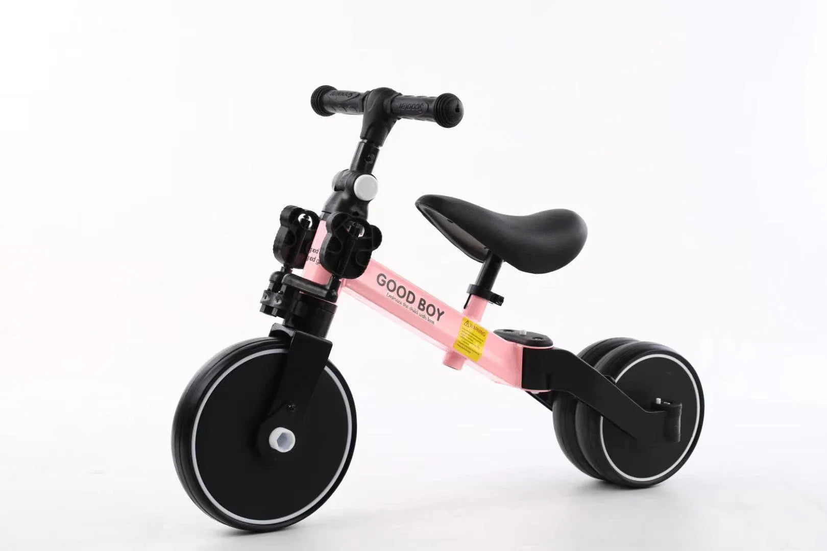 A stylish no-pedal balance bike with three wheels, vibrant colors, and optional light-up and music features for kids
