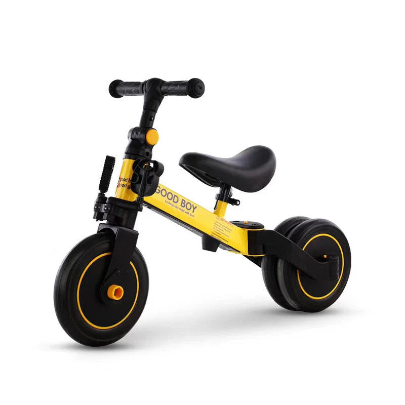 A stylish no-pedal balance bike with three wheels, vibrant colors, and optional light-up and music features for kids
