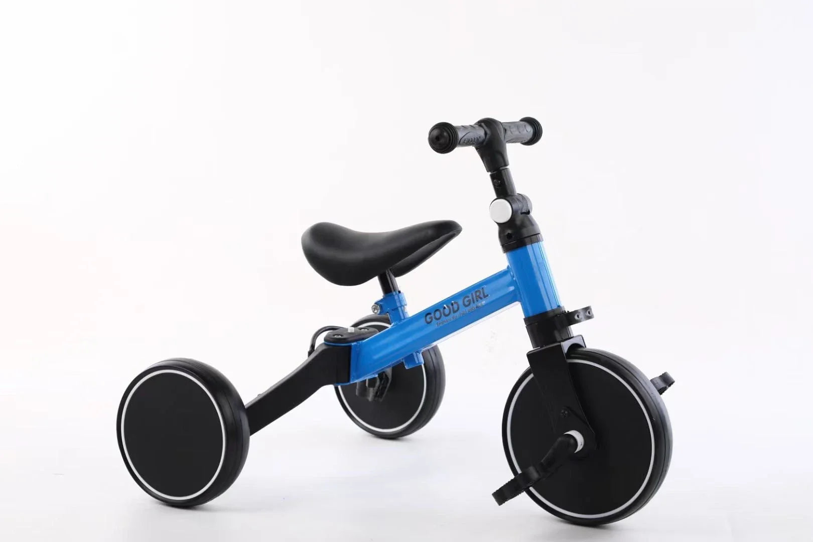 A stylish no-pedal balance bike with three wheels, vibrant colors, and optional light-up and music features for kids