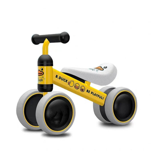 A stylish no-pedal balance bike with three wheels, vibrant colors, and optional light-up and music features for kids