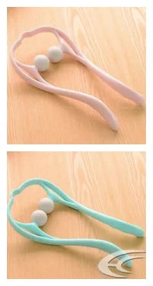 Plastic swan-shaped neck massager in pink, blue, or green with adjustable width and 3D floating-point rollers