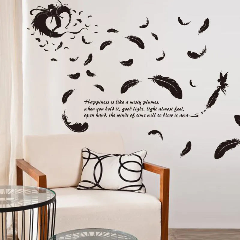 Black feather angel three generations removable wall sticker 50x70cm on wall