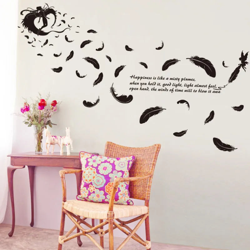 Wall stickers wallpaper wholesale feather angel three generations removable decoration for bedroom or living room walls, 50x70cm self-adhesive PVC wall sticker with paper backing in black colour