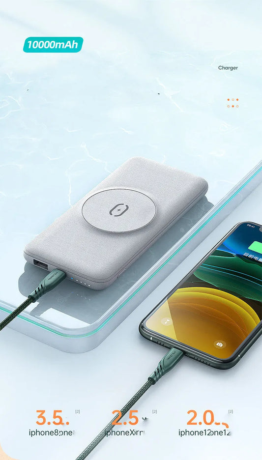 Maiduo Magsafe magnetic wireless charging power bank in mint green showing 10000mAh capacity and compact design