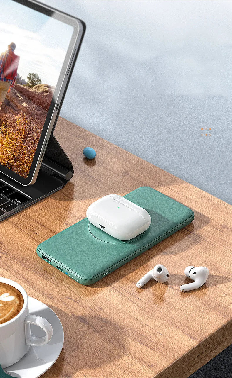 Maiduo Magsafe magnetic wireless charging power bank in mint green showing 10000mAh capacity and compact design