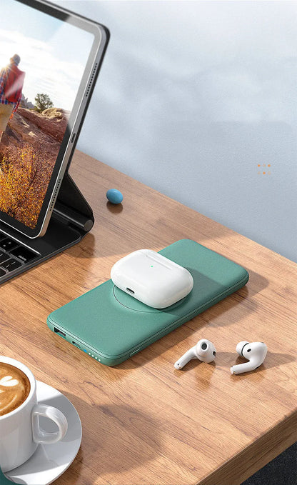 Maiduo Magsafe magnetic wireless charging power bank in mint green showing 10000mAh capacity and compact design