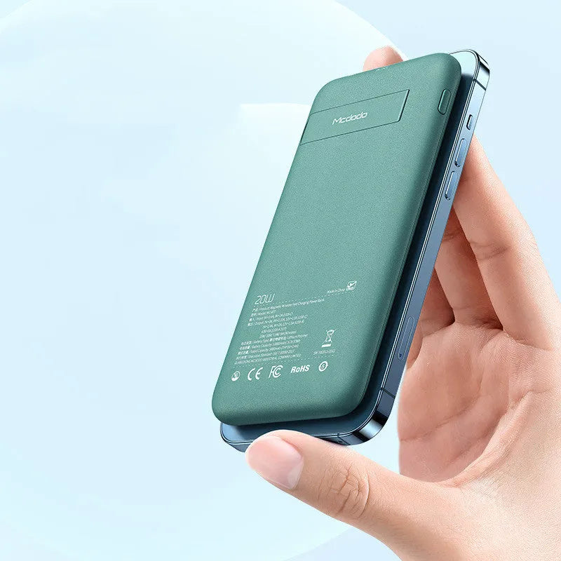 Maiduo Magsafe magnetic wireless charging power bank in mint green showing 10000mAh capacity and compact design
