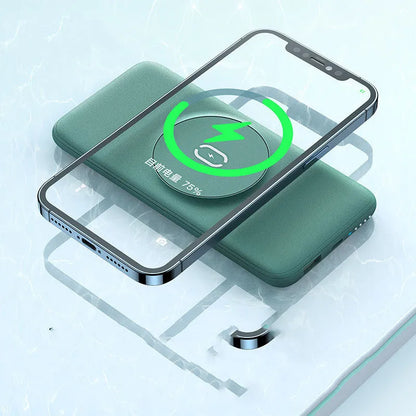 Maiduo Magsafe magnetic wireless charging power bank in mint green showing 10000mAh capacity and compact design