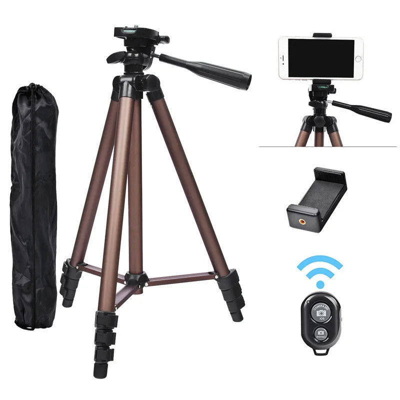 Black aluminium hydraulic PTZ camera tripod extended to 1.3m with phone holder and Bluetooth remote