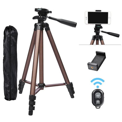 Black aluminium hydraulic PTZ camera tripod extended to 1.3m with phone holder and Bluetooth remote
