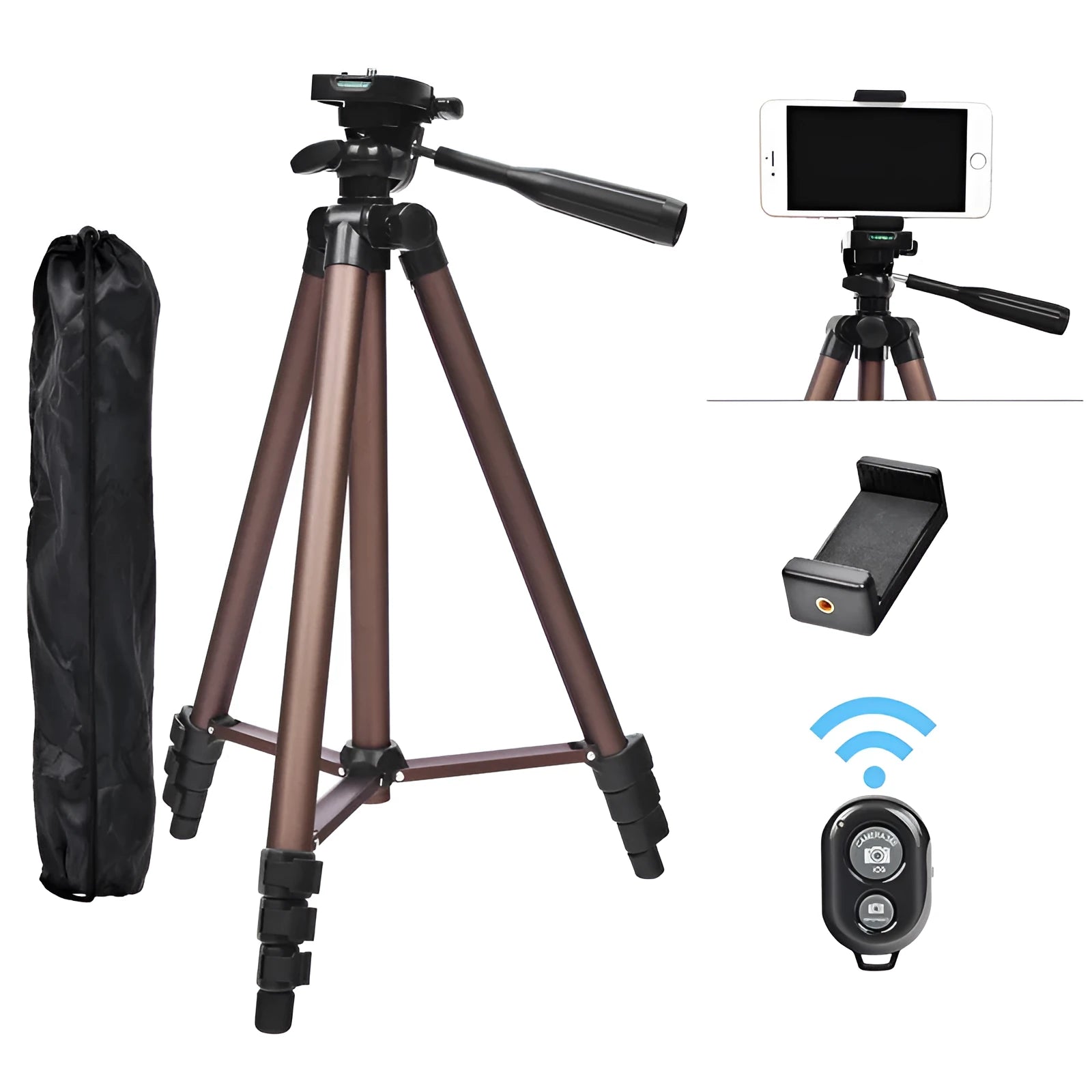 Black aluminium hydraulic PTZ camera tripod extended to 1.3m with phone holder and Bluetooth remote