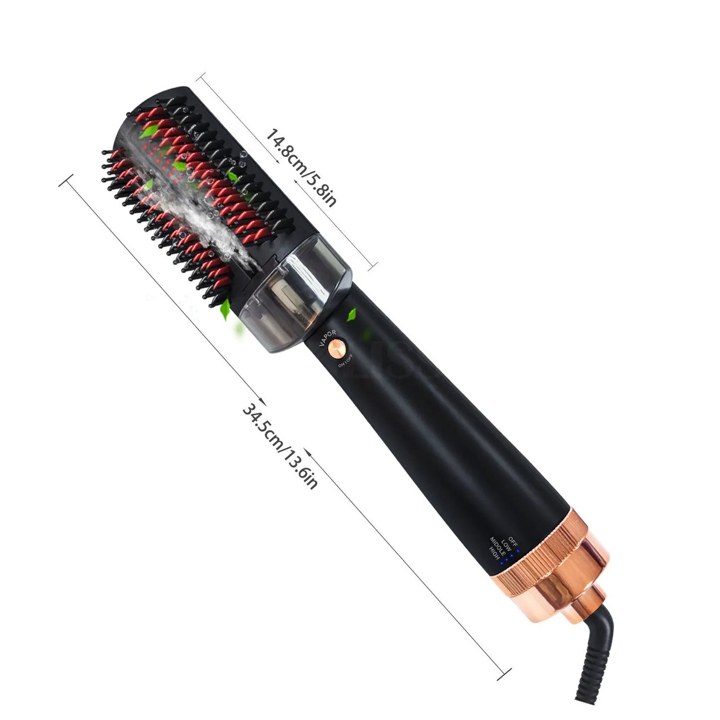Black and pink infrared hot air comb with tourmaline ceramic barrel, water spray button, and digital temperature display.