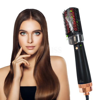 Black and pink infrared hot air comb with tourmaline ceramic barrel, water spray button, and digital temperature display.