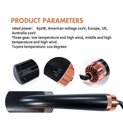 Black and pink infrared hot air comb with tourmaline ceramic barrel, water spray button, and digital temperature display.