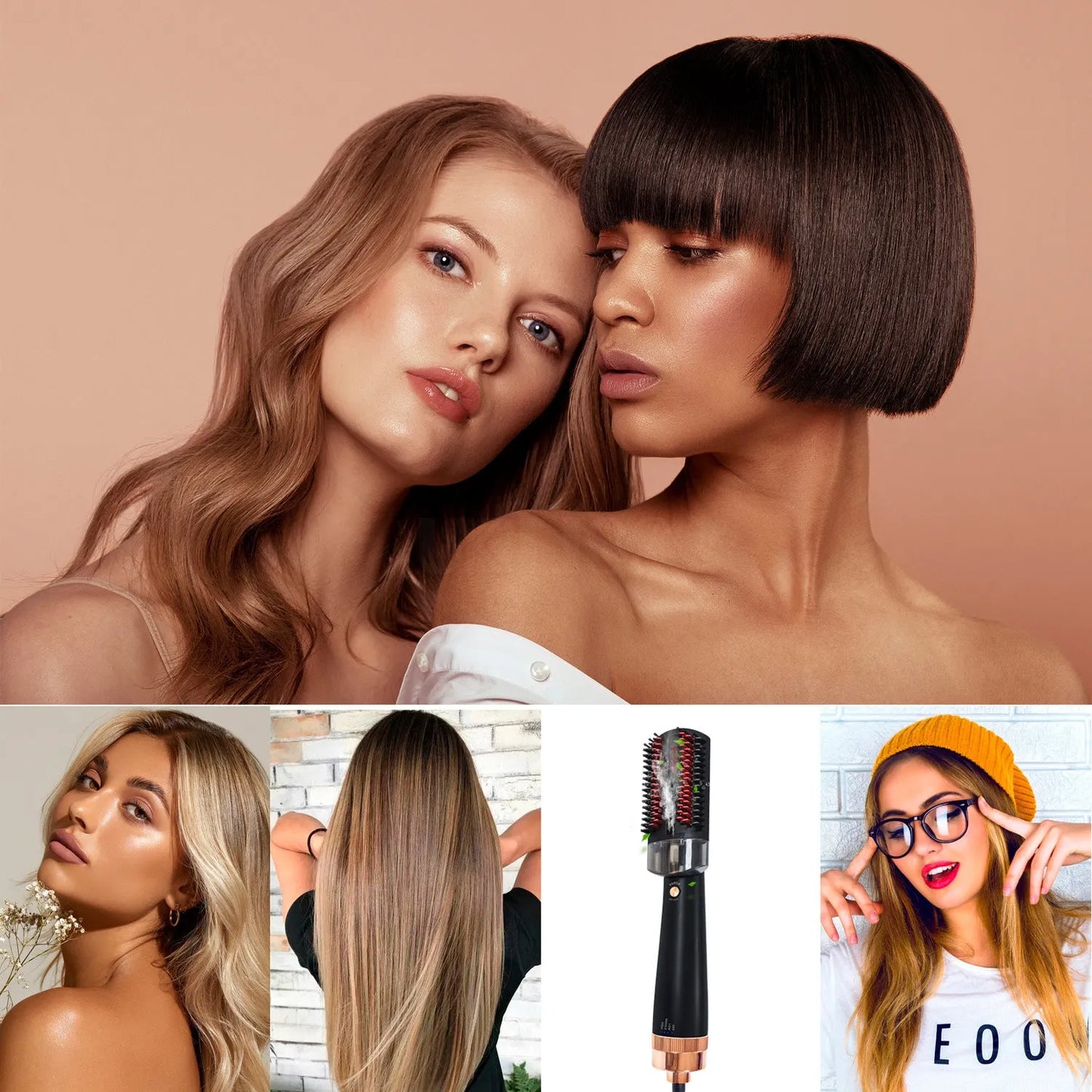 Black and pink infrared hot air comb with tourmaline ceramic barrel, water spray button, and digital temperature display.