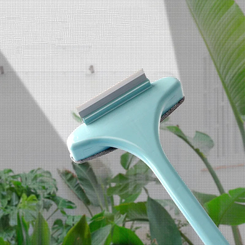 Blue window cleaning brush tool with detachable head and crevice brush for screens and glass.