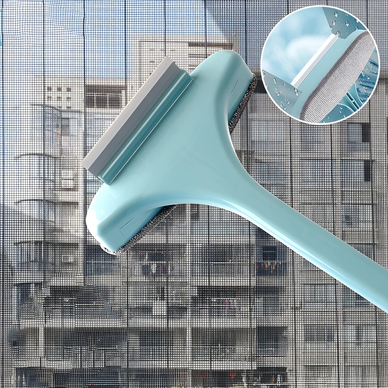 Blue window cleaning brush tool with detachable head and crevice brush for screens and glass.