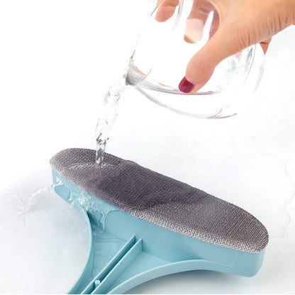 Blue window cleaning brush tool with detachable head and crevice brush for screens and glass.